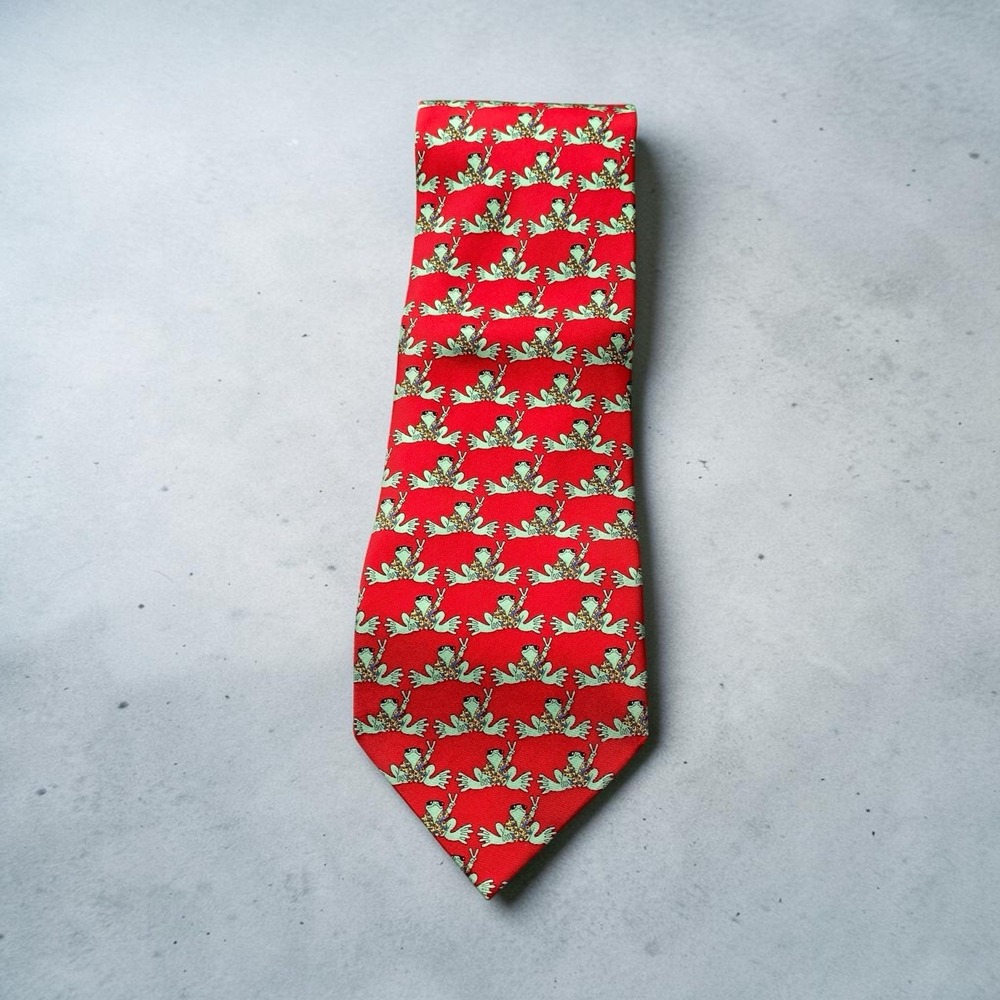 Peace Frogs Silk Necktie Red Green Whimsical Novelty Preppy Holiday